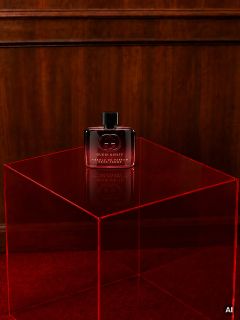 Un flacone di profumo Gucci Guilty è posizionato su un cubo rosso trasparente davanti a una parete di legno e un tappeto rosso.