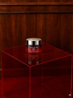 Un vasetto color crema della marca Lancaster 365 è posizionato su un cubo rosso trasparente, davanti a uno sfondo di pareti in legno.