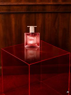 Su un tavolo da gioco rosso traslucido, davanti a uno sfondo con pannelli in legno, c'è una boccetta di profumo rosa.