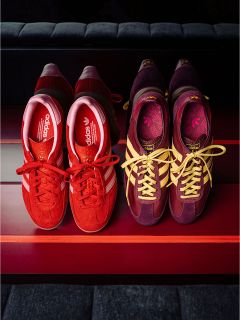 Due paia di sneaker Adidas su una panchina: un paio rosso con strisce bianche, l'altro bordeaux e viola con strisce e lacci gialli.