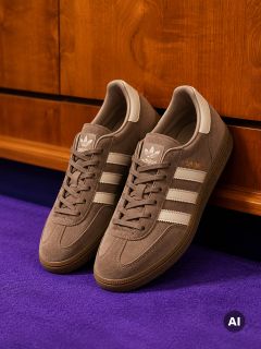 Un paio di sneaker Adidas marroni con strisce bianche e dettagli beige, appoggiate su un tappeto viola davanti a un armadio di legno.