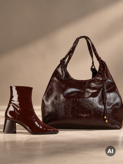 Uno stivaletto in pelle verniciata marrone scuro con tacco a blocco accanto a una borsa a tracolla abbinata e dalla vestibilità ampia.