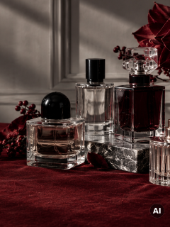 Quattro flaconi di profumo in vetro, presentati su uno sfondo di velluto rosso con fiori e bacche rosse.