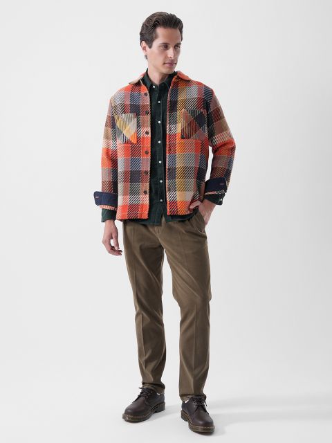 Un uomo con pantaloni marroni, una camicia scura e una giacca a quadri rosso-arancio-giallo, che guarda di lato davanti a uno sfondo bianco semplice.