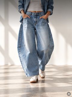 Una persona che indossa jeans a palloncino azzurri a gamba larga e sneakers bianche.