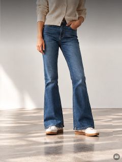 Una persona che indossa jeans a zampa d'elefante blu a vita alta e scarpe da ginnastica bianche.