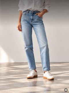 Una persona che indossa una camicia bianca, jeans azzurri e scarpe da ginnastica bianche.