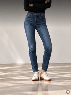 Una persona che indossa jeans skinny blu scuro e scarpe da ginnastica bianche.