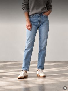 Una persona che indossa un maglione grigio, jeans azzurri a gamba dritta e scarpe da ginnastica bianche.
