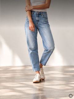 Una persona che indossa jeans azzurri a vita alta e sneakers bianche.