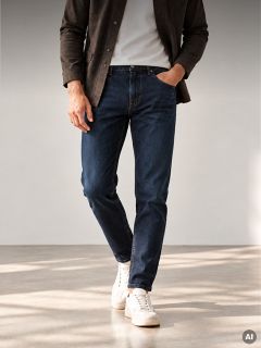 Una persona che indossa una camicia marrone con bottoni, una maglietta bianca, jeans blu scuro e scarpe da ginnastica bianche.