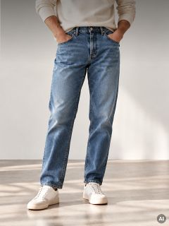 Una persona che indossa un maglione color crema, jeans blu e scarpe da ginnastica bianche.