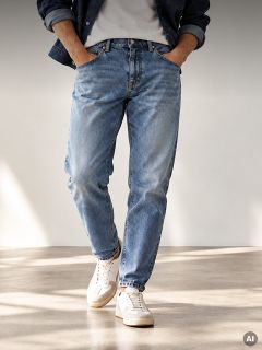 Una persona che indossa una giacca di jeans, una maglietta bianca, jeans blu e scarpe da ginnastica bianche, con le mani in tasca.