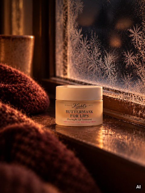Un vasetto di "Buttermask for Lips" di Kiehl's su un davanzale coperto di brina.