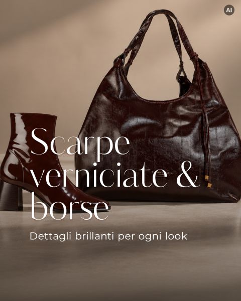 Uno stivale in pelle verniciata marrone scuro e una borsa hobo abbinata con la scritta italiana "Scarpe verniciate & borse. Dettagli brillanti per ogni look."