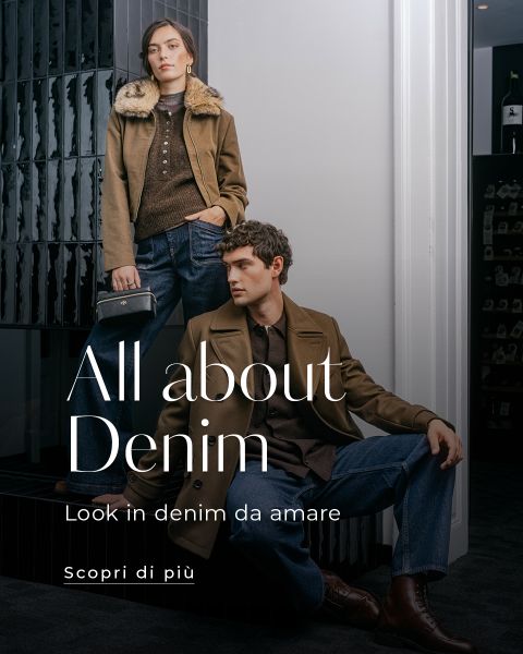 Un uomo e una donna in giacche e jeans marroni, sovrapposti alle scritte "All about Denim" e "Scopri di più".