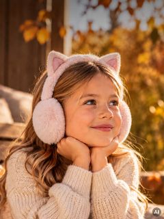 Una giovane ragazza che sorride indossando delle morbide cuffie rosa con orecchie da gatto.