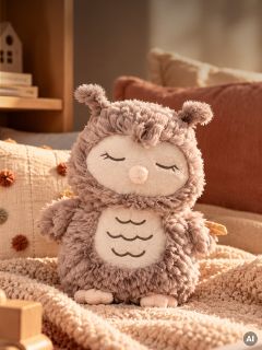 Un morbido peluche a forma di gufo con gli occhi chiusi, seduto su una coperta strutturata.