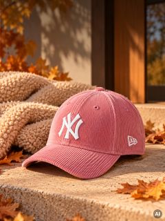 Un cappellino da baseball rosa dei New York Yankees in velluto a coste, appoggiato su un gradino di pietra con foglie autunnali.