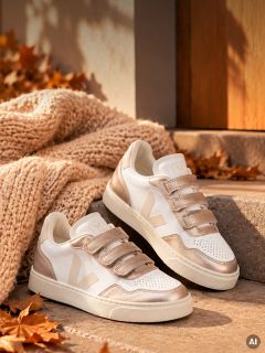 Due sneaker metallizzate bianche e oro rosa con tre chiusure a strappo, appoggiate su una scala di pietra accanto a una coperta lavorata a maglia e foglie autunnali.