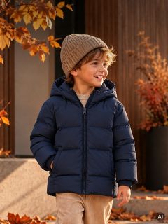 Un bambino piccolo che indossa un cappello marrone chiaro e una giacca imbottita blu navy con cappuccio sorride all'aperto in autunno.