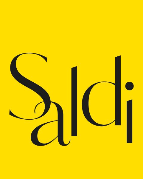 La parola "Saldi" in carattere nero stilizzato su sfondo giallo brillante.