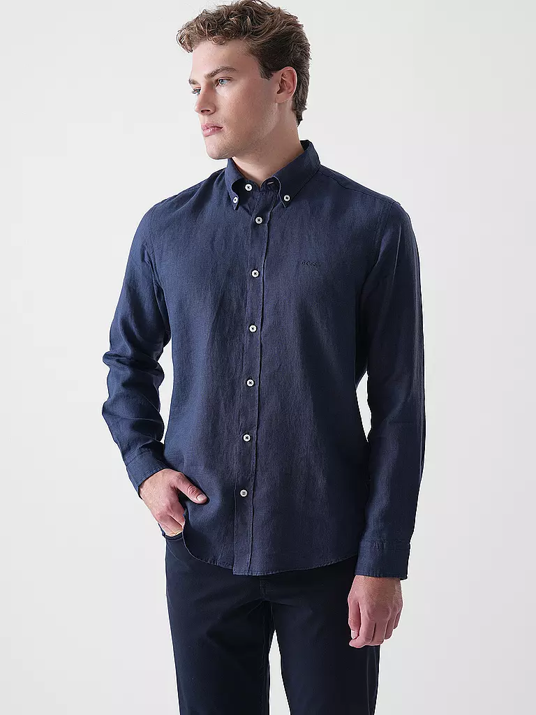 BOSS | Camicia di lino slim fit H-ROAN | Blu scuro