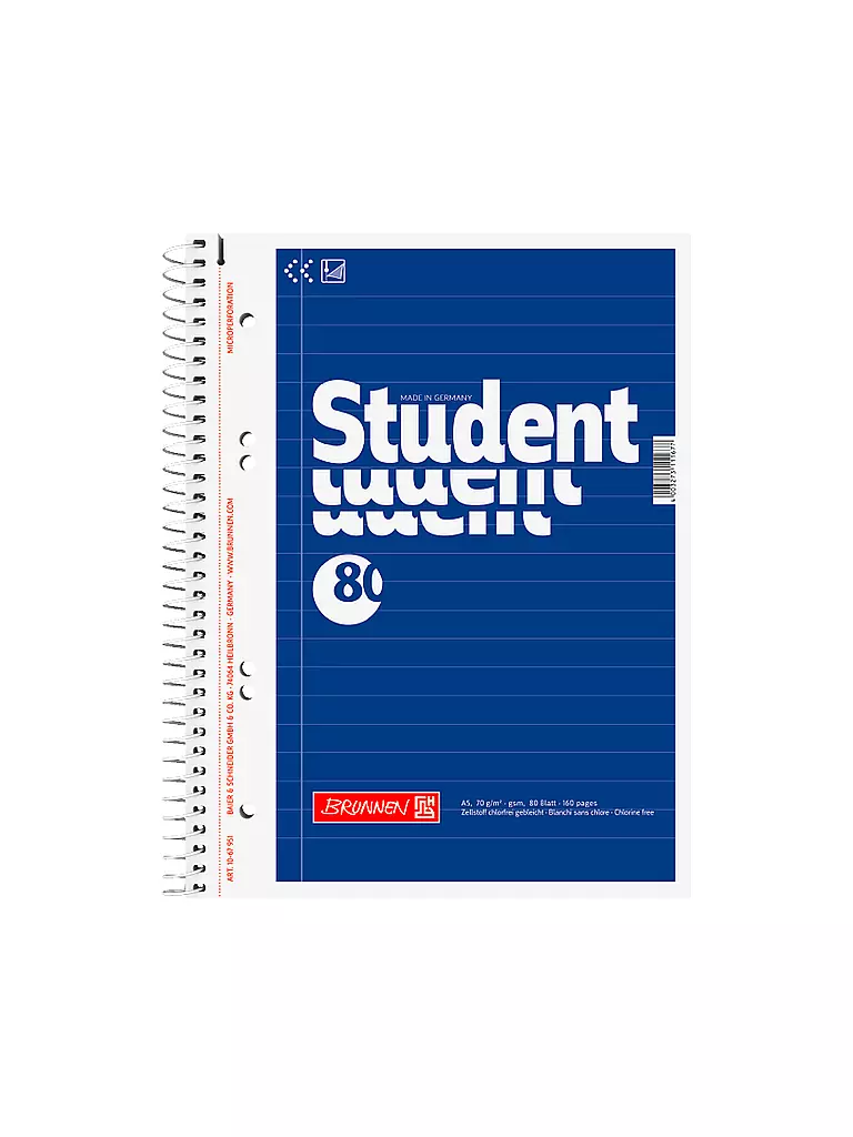 BRUNNEN VERLAG | Collegeblock A5, 20 righe, rilegatura a spirale, 80 fogli | Senza colore