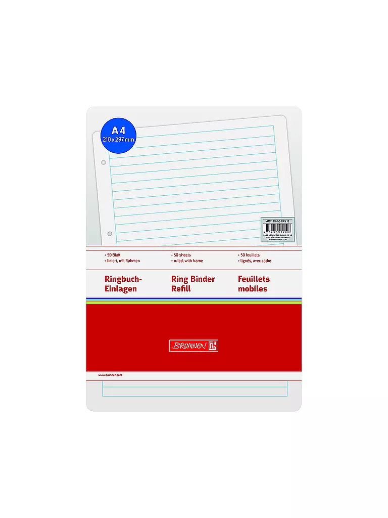 BRUNNEN VERLAG | Fogli a righe per raccoglitore ad anelli, 50 fogli con cornice | Senza colore