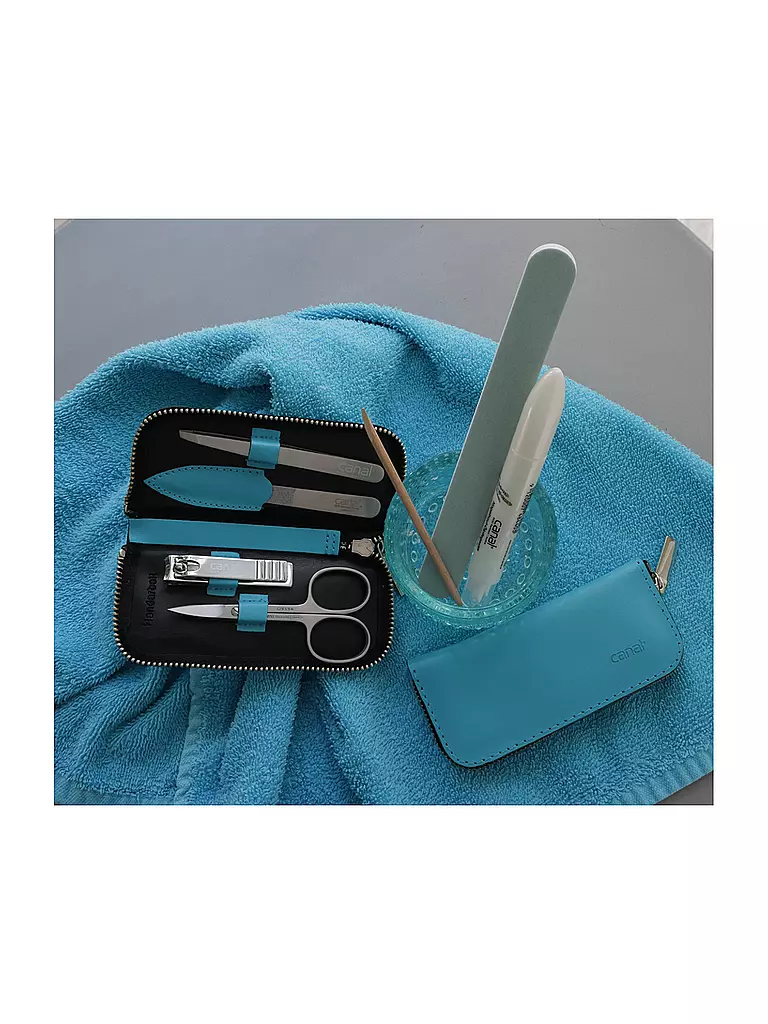 CANAL | Astuccio con cerniera in crosta di pelle, set da 4 pezzi (Turchese) 5381 | Turchese