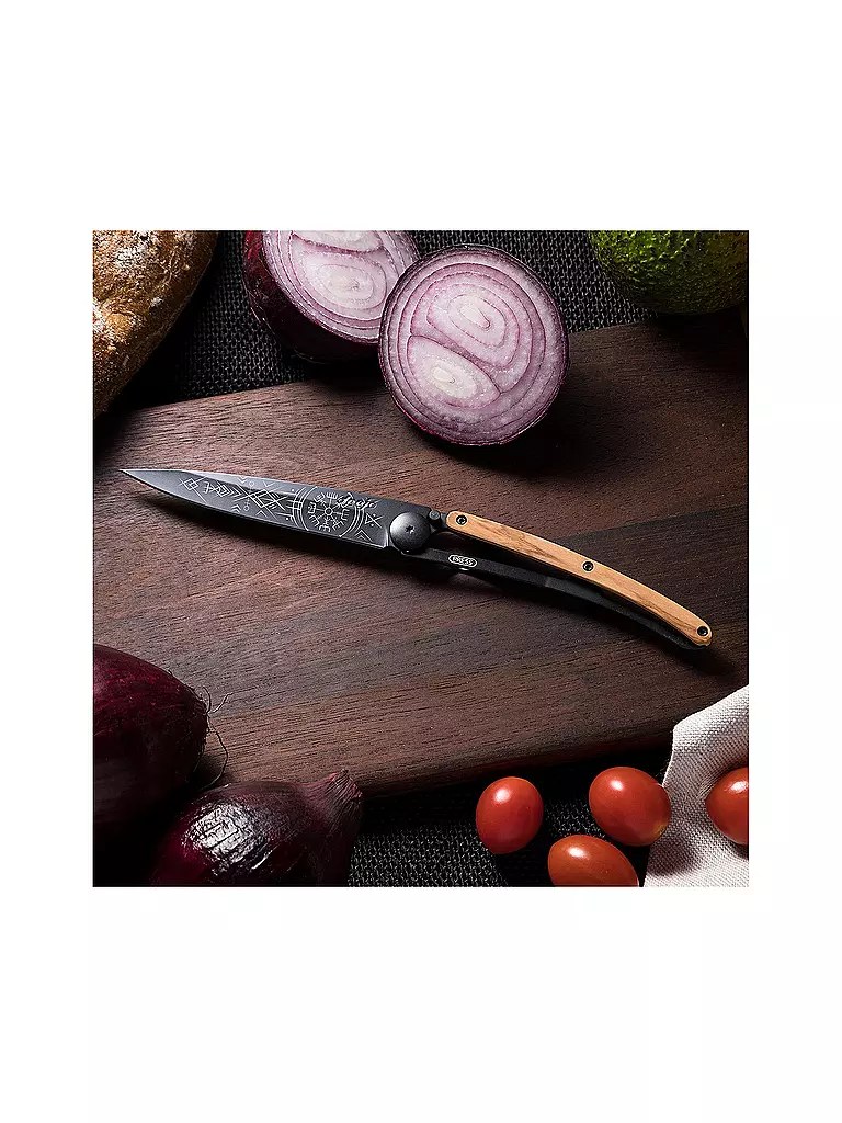 DEEJO | Coltello tascabile in legno d'olivo nero WIKINGER VEGVISIR 37G | Nero