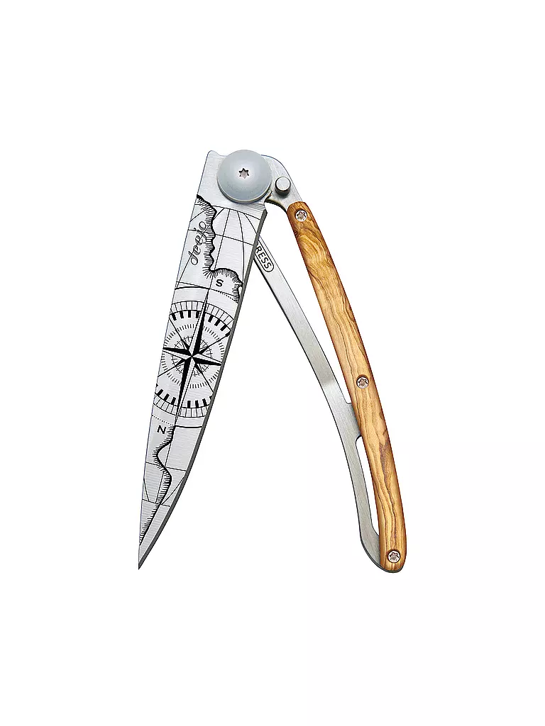 DEEJO | Coltello tascabile in legno d'olivo titanio TERRA INCOGNITA 37G | Argento
