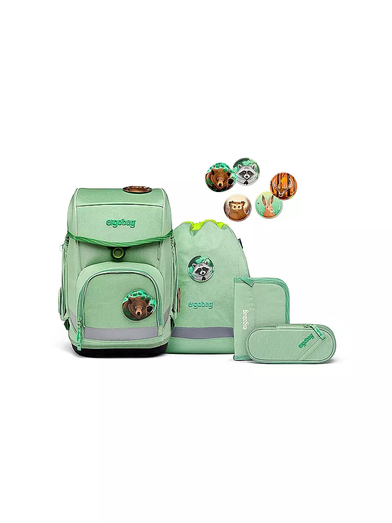 ERGOBAG | Set di zaini scolastici 5 pz. CUBO Eco Hero - Abitanti Orsi della Foresta | Verde chiaro