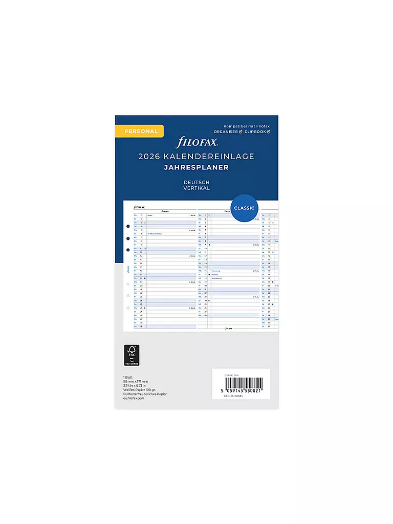 FILOFAX | Inserto per agenda, planning annuale, tedesco, formato Personal, 2026 | Bianco