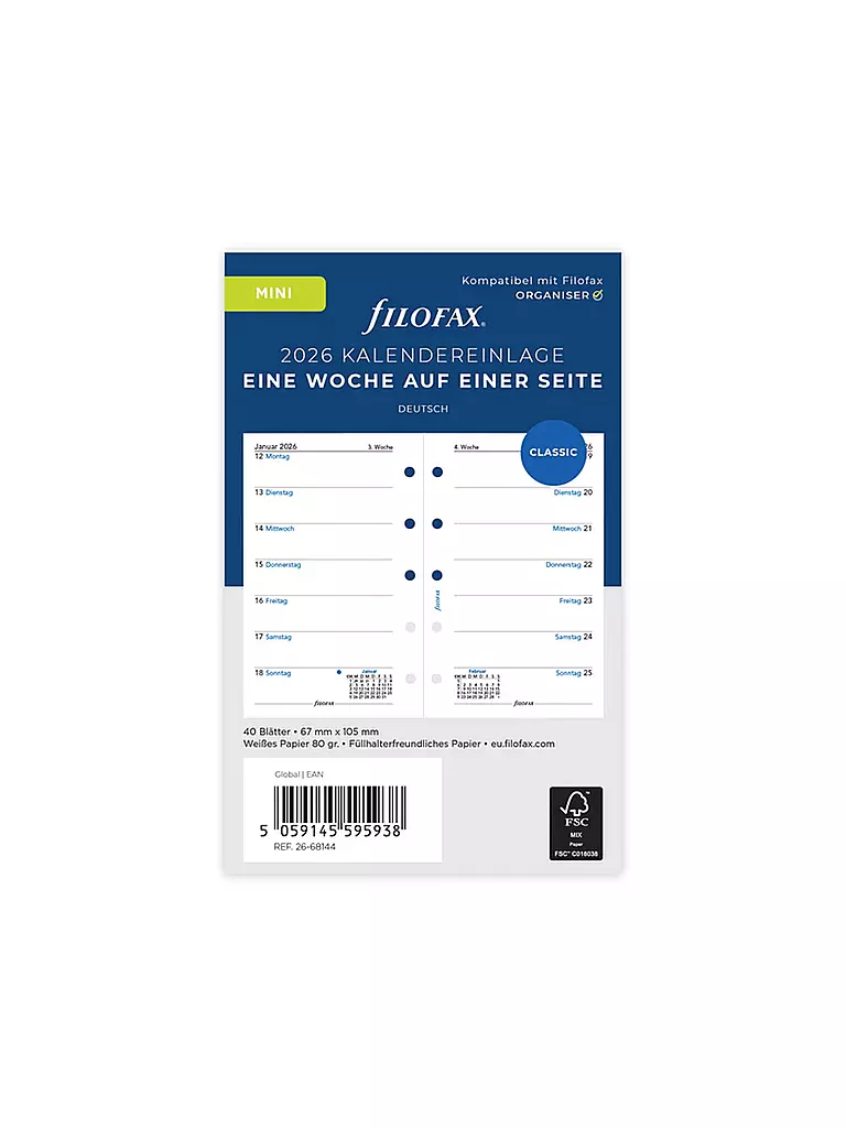 FILOFAX | Inserto per agenda Mini, settimana in tedesco, 2026 | Bianco