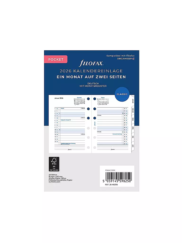 FILOFAX | Inserto per agenda Pocket 2026 Mese Tedesco | Bianco