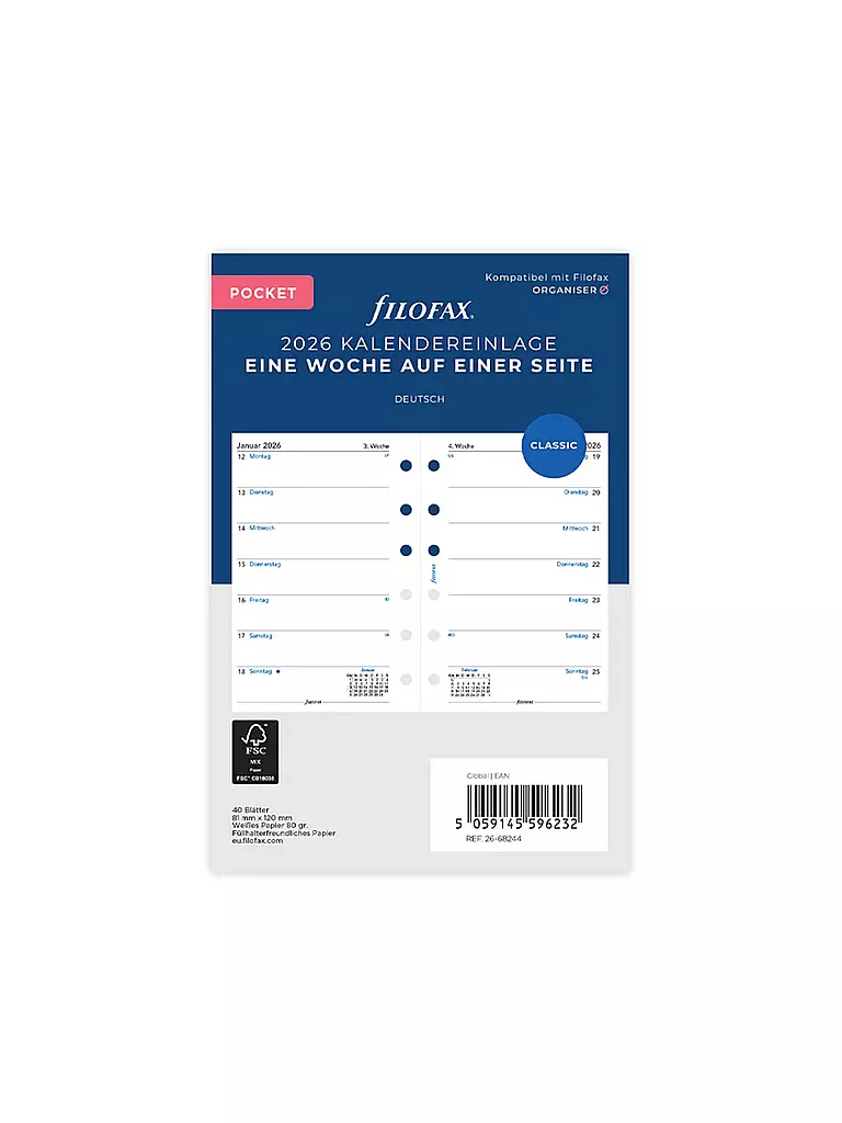 FILOFAX | Inserto per agenda Pocket Settimana 2026 Tedesco | Bianco