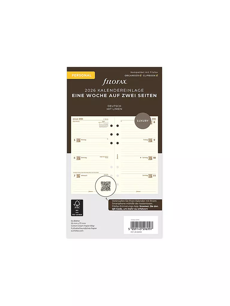 FILOFAX | Inserto per agenda settimanale in tedesco formato Personal 2026 | Bianco