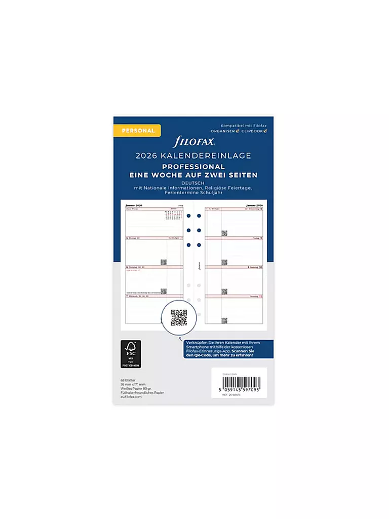 FILOFAX | Inserto per agenda settimanale in tedesco Personal 2026 | Bianco