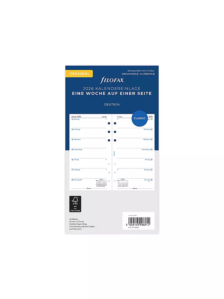 FILOFAX | Inserto per agenda settimanale in tedesco Personal 2026 | Bianco