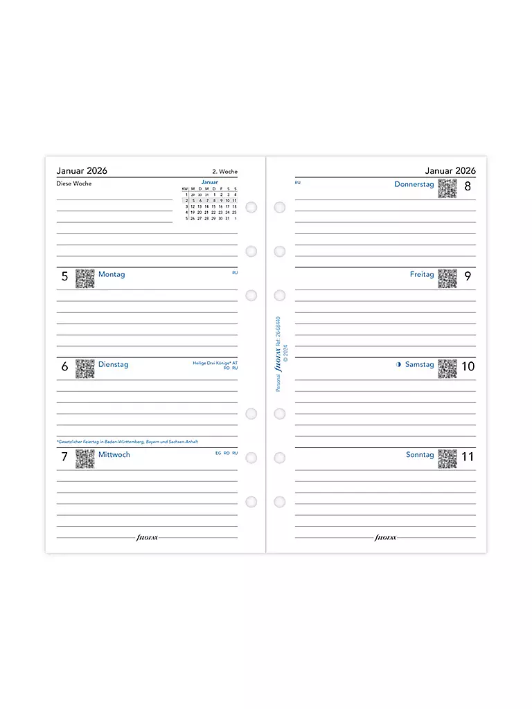 FILOFAX | Inserto per agenda settimanale in tedesco Personal 2026 | Bianco
