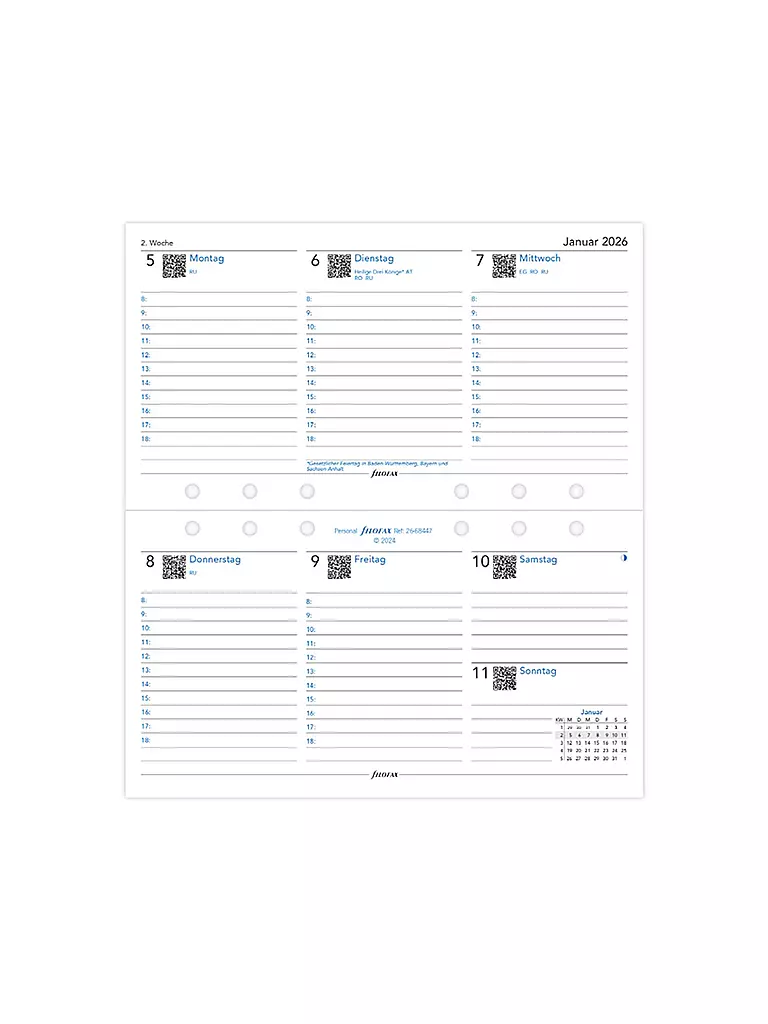 FILOFAX | Inserto per agenda settimanale in tedesco Personal 2026 | Bianco