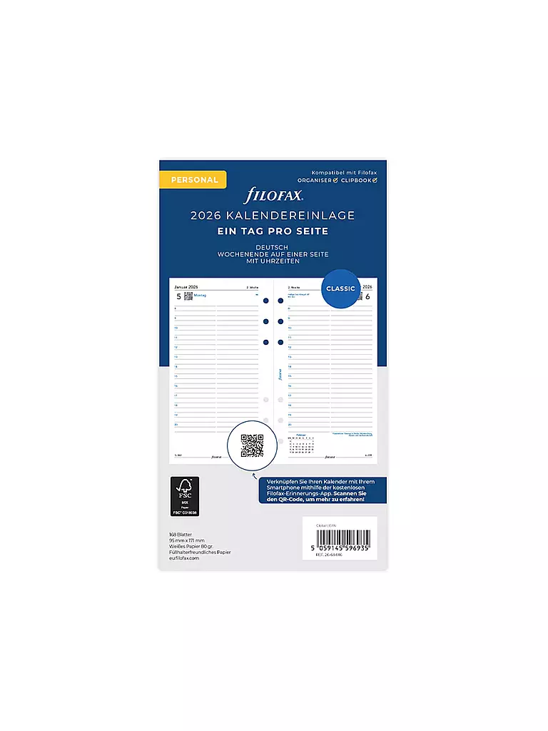 FILOFAX | Kalendereinlage Tag Deutsch Personal 2026 | Bianco