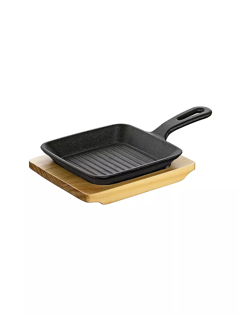KÜCHENPROFI | Grill/padella da portata con tagliere in legno 23x13,5 cm | Nero