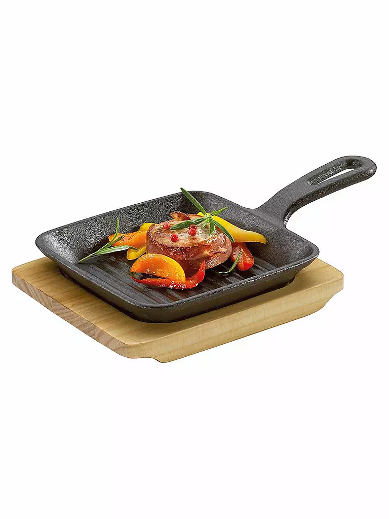 KÜCHENPROFI | Grill/padella da portata con tagliere in legno 23x13,5 cm | Nero