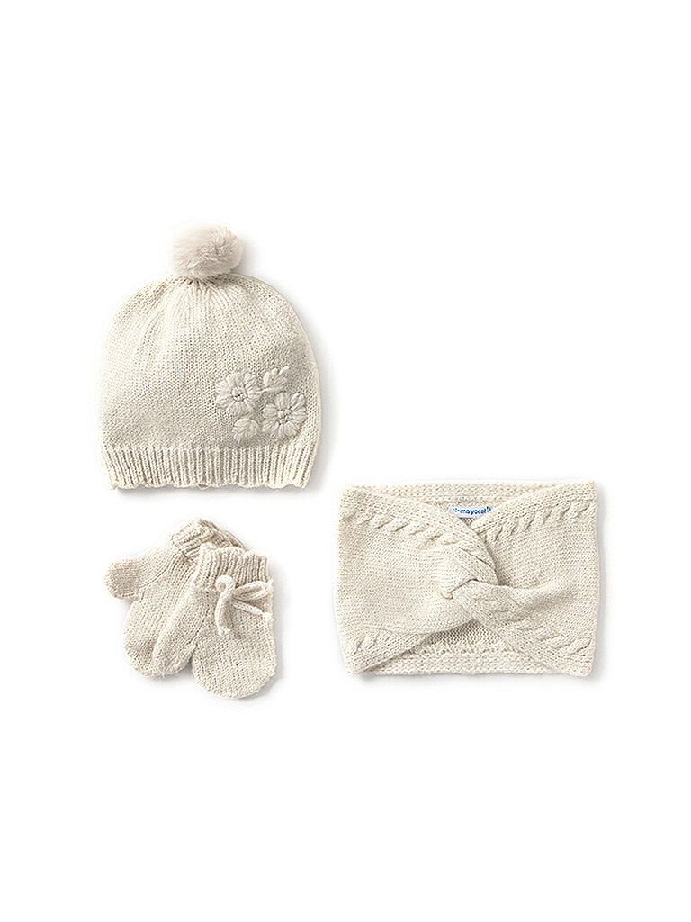 Set neonato 3 pezzi con cappello, sciarpa e guanti crema 6M