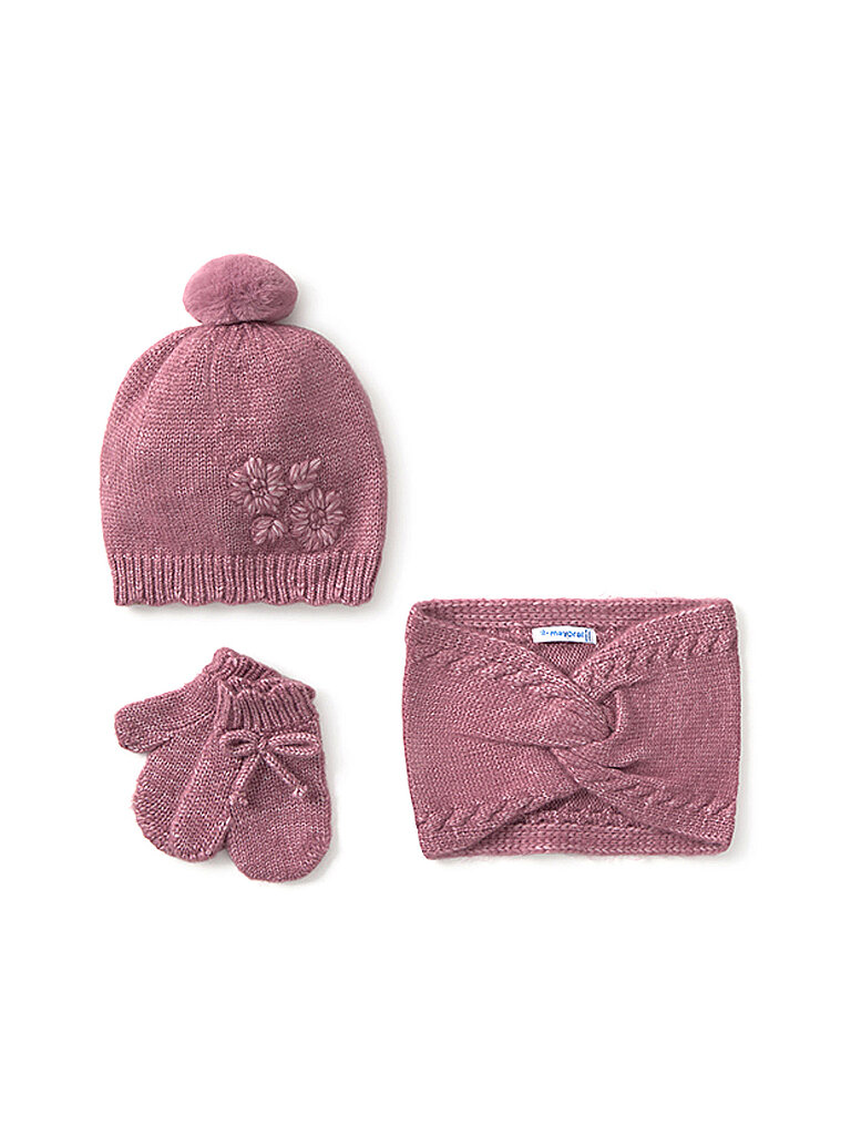 Set neonato 3 pezzi con cappello, sciarpa e guanti rosa 6M