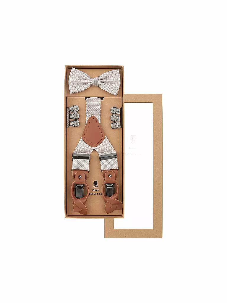 SEIDENFALTER | Set di bretelle con papillon e clip a bottone | Beige