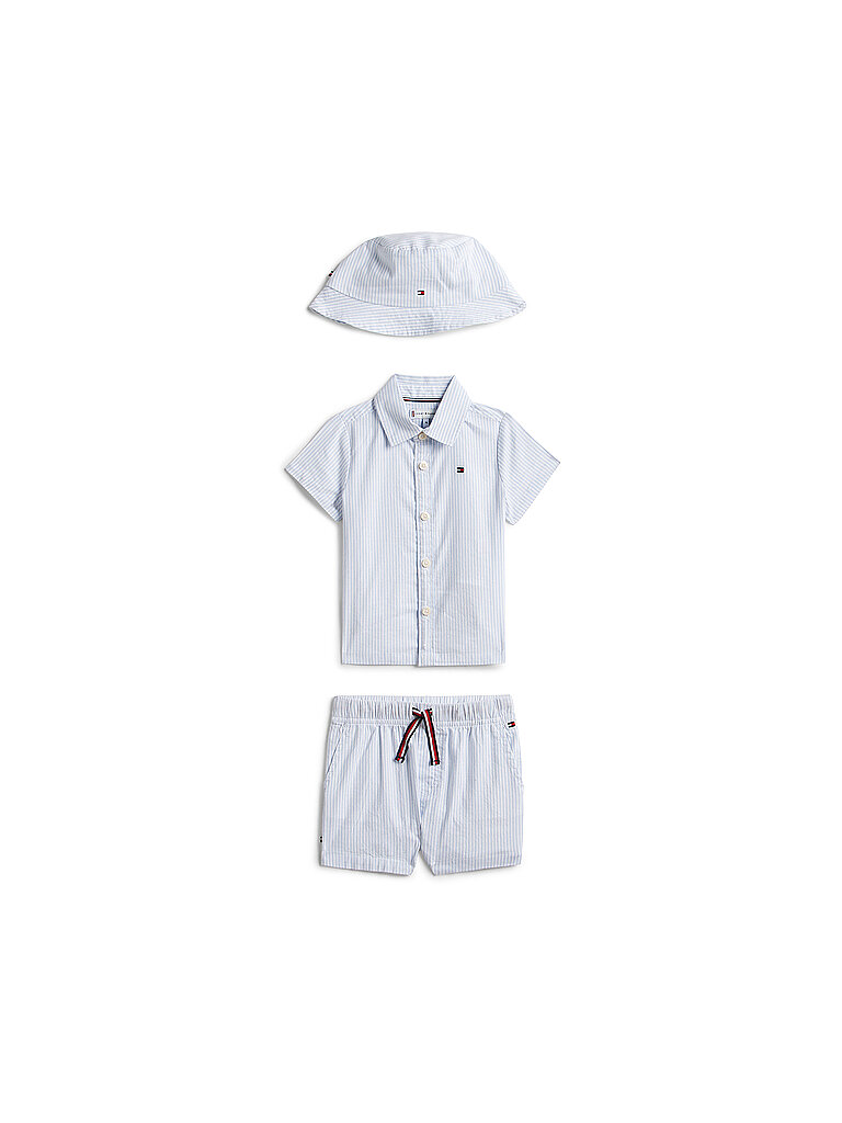 Set neonato 3 pezzi camicia, shorts e cappello azzurro 86