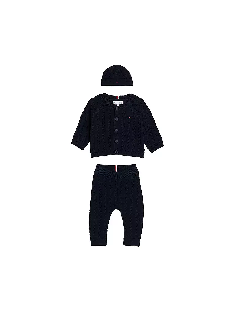 TOMMY HILFIGER | Set neonato 3 pezzi, cardigan, berretto e pantaloni in maglia | Blu scuro
